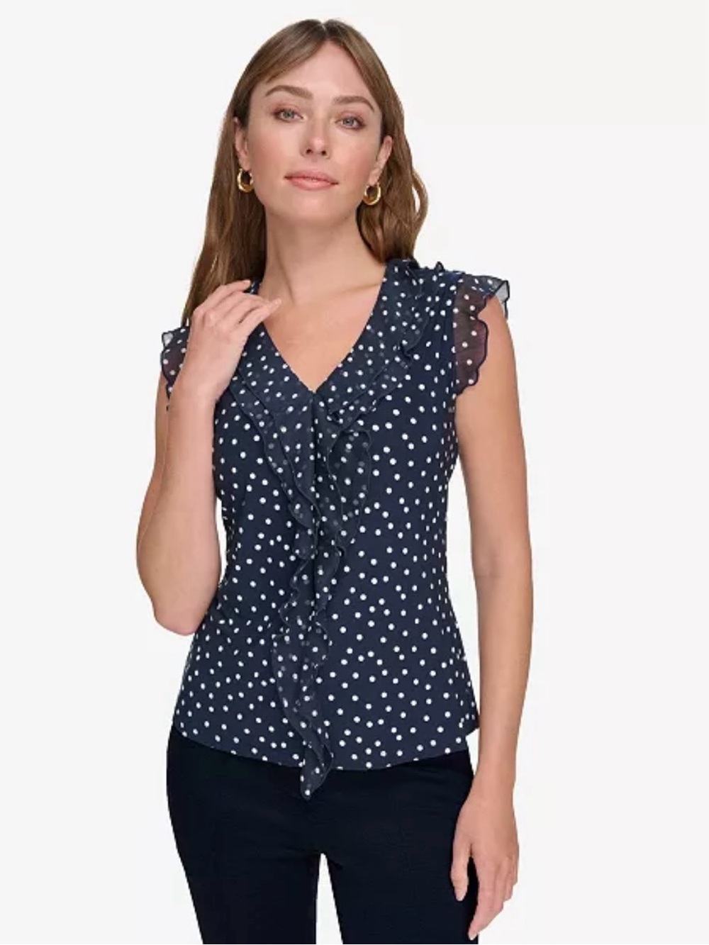 Tommy Hilfiger Navy White Polka Dot Ruffle V-Neck Sleeveless Blouse size XS
